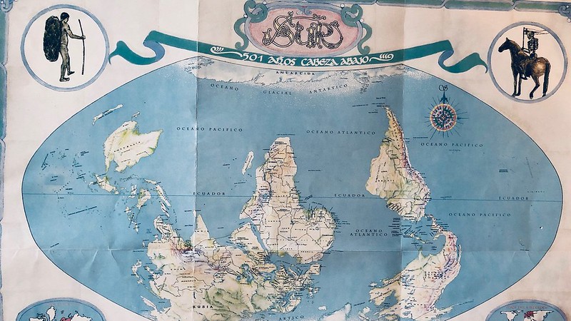 A map of the world which has the antarctic at the top and the arctic at the bottom