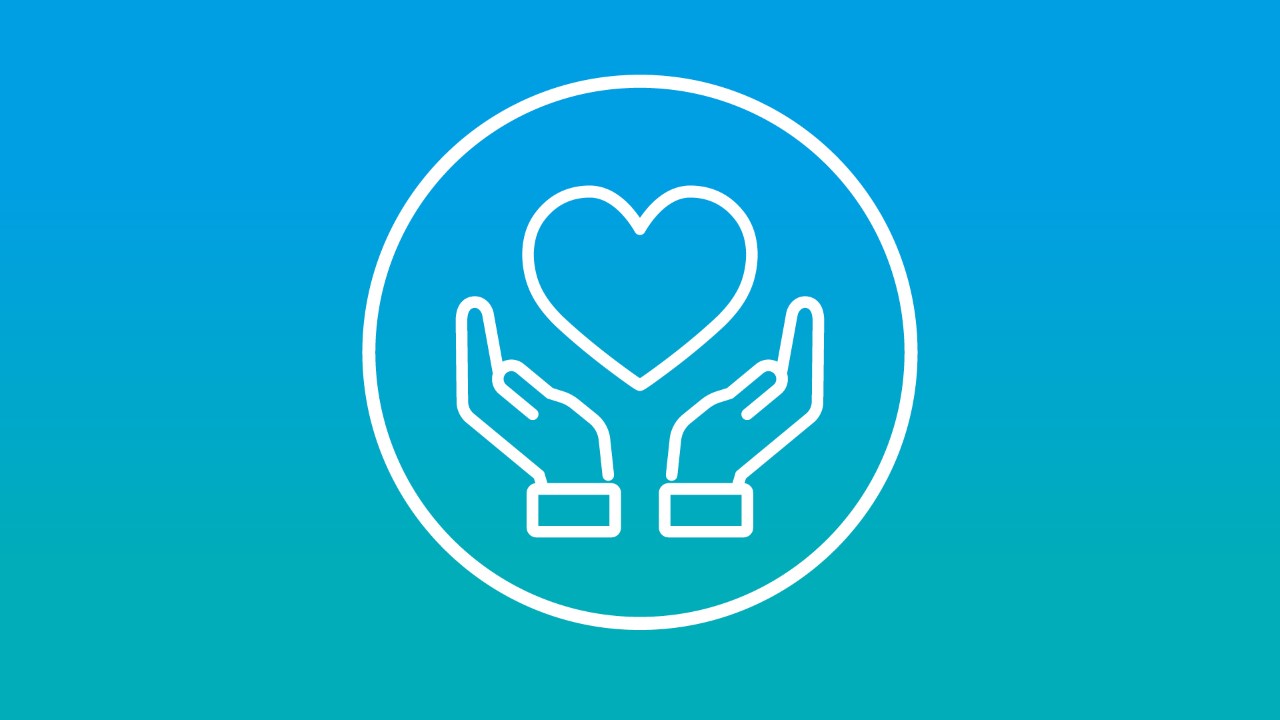 A logo of two hands holding a heart on a blue background
