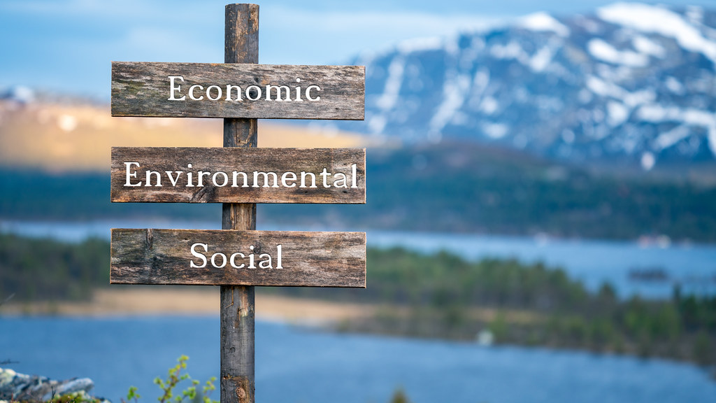 以山区为背景的“经济、环境、社会”标志图像.