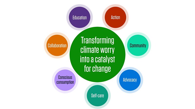 通过行动将气候担忧转化为变革的催化剂, 社区, 宣传, 自我保健, 有意识的消费, 合作与教育
