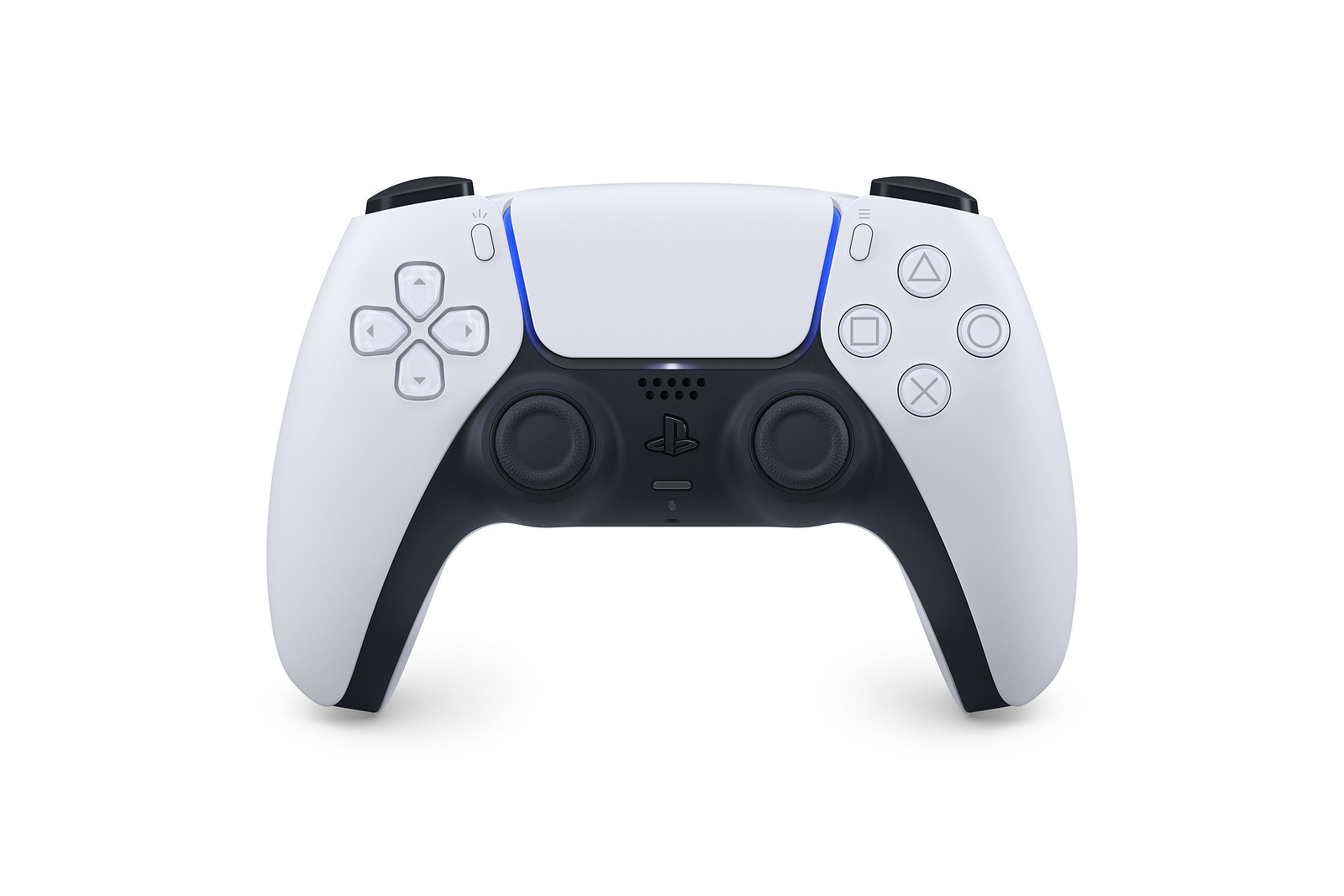 Image of a white DualSense wireless controller on a white background
