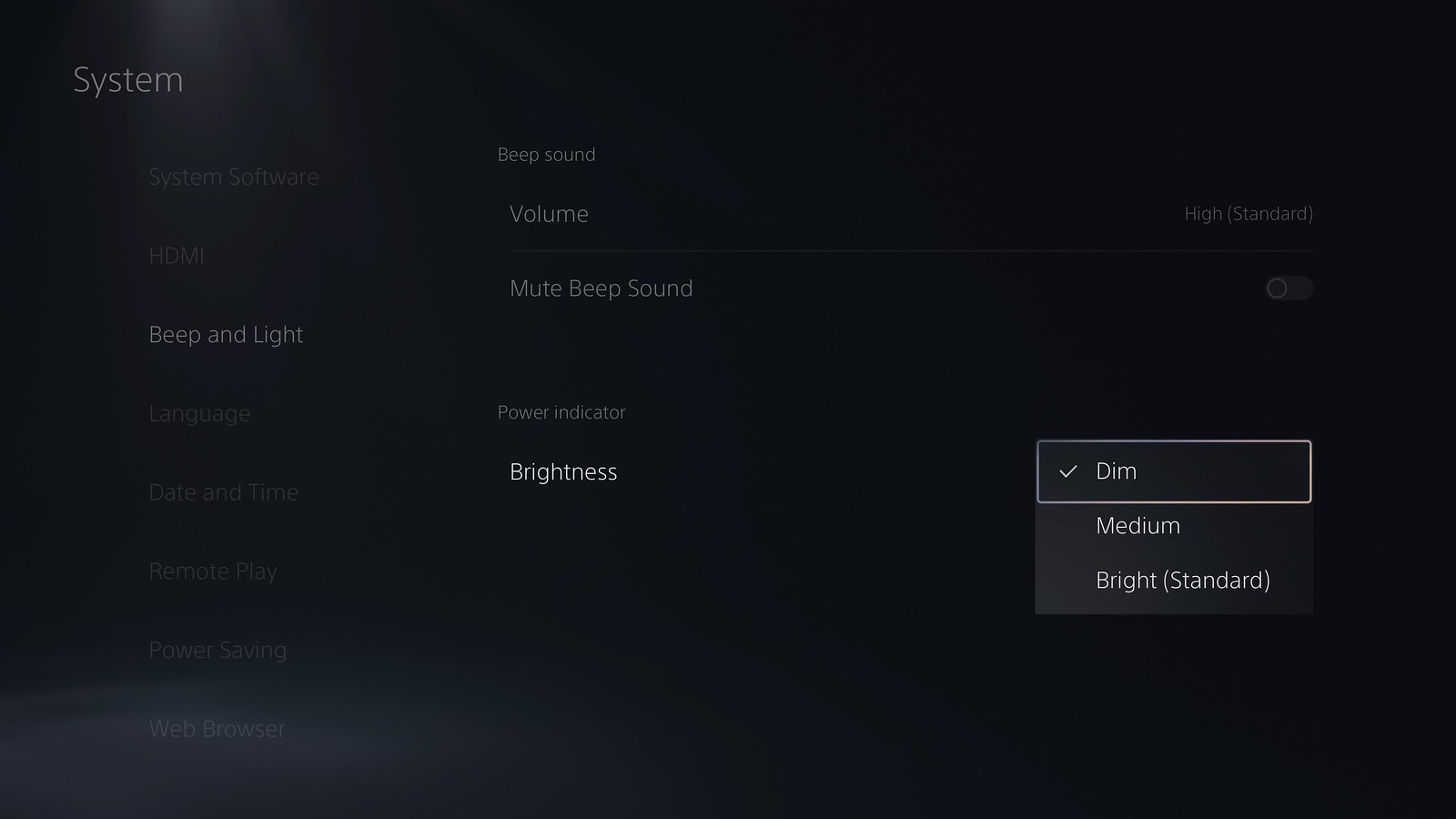 PS5 UI screenshot showing PS5 console’s power indicator brightness options