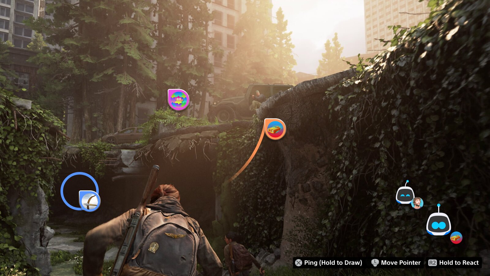 PS5 UI screenshot showing pointers and emoji reaction on the The Last of Us Part II Remastered gameplay screen