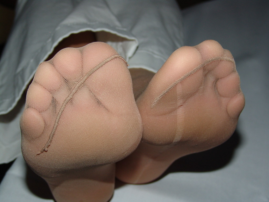 Tan nylon feet worship
