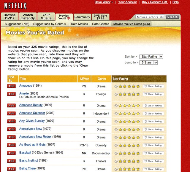 Rater R Netflix Code Screen shot: Netflix movies I've rated | www.scripting.com/s… | Flickr