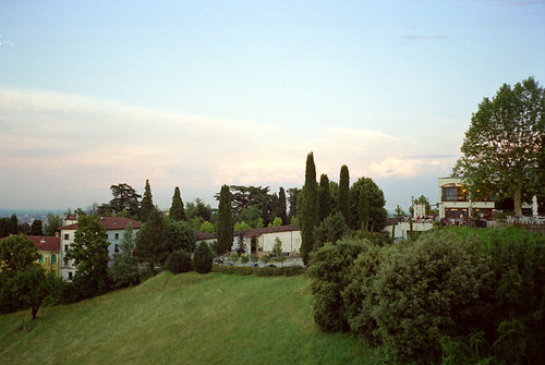 vicenza sunset 1 - view back towards restaurant by Doctor Casino, The restaurant where we ate is at far right - a very close zoom reveals a red-shirted figure who I b