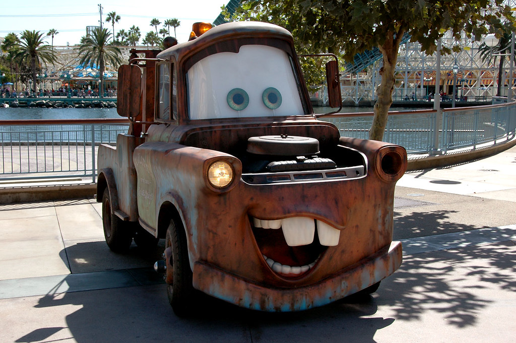 Tow Mater, The character Tow Mater from Cars hangs out of t…