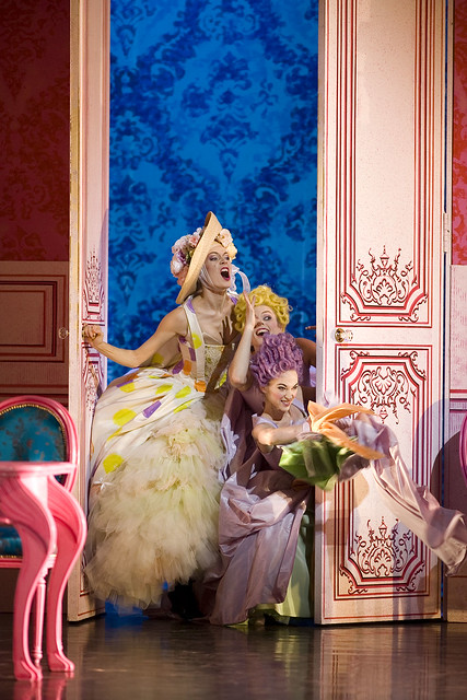 Eve Mutso as the Stepmother and Diana Loosmore and Patricia Hines as the Stepsisters in Page's Cinderella. Photograph by Bill Cooper.