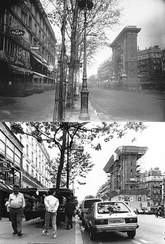 Atget's Paris: Boulevard de Bonne Nouvelle and porte Saint-Denis, Atget 1925, rephotographed in 1994
