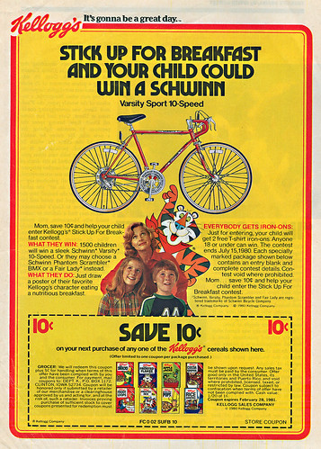 Kellogg's :: "STICK UP FOR BREAKFAST AND YOUR CHILD COULD WIN A SCHWINN" ;  SAVE 10¢ (( 1980 )) by tOkKa