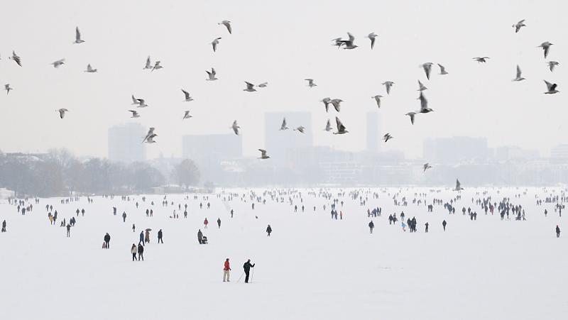 6068 Alstervergnügen im Winter - die Menschen gehen auf der zugefrorenen Alster spazieren - im Hintergrund Gebäude von Hamburg St. Georg; ein Schwarm Möwen fliegt über den zugeforenen See.
