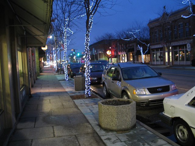 Downtown Maumee, Ohio with Christmas lights