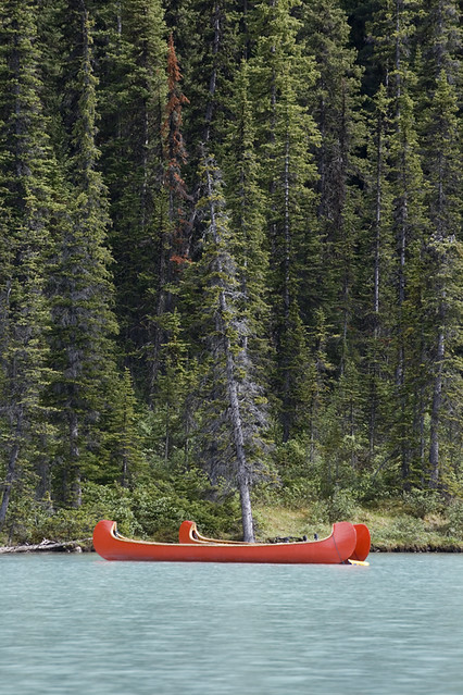 Red canoes on Lake Louise