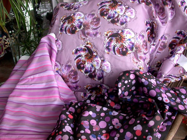 Floral Fantasy Aubergine Fabric , coordinate Fantasy Stripes and Fantasy Bubble Dots Fabric by Rosanna Hope