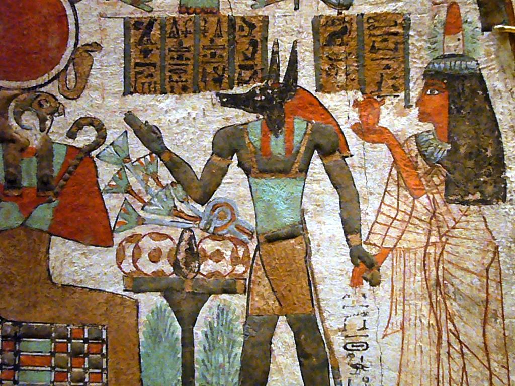 Ancient Egyptian wall painting depicting Anubis