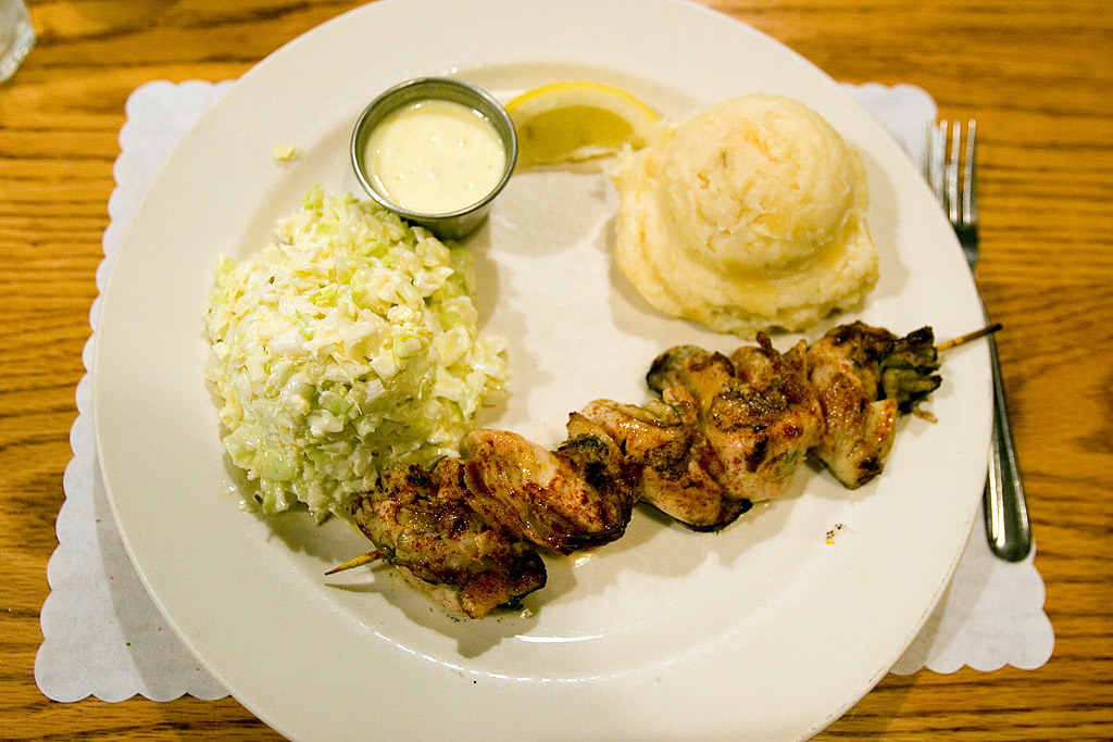 Grilled Oysters, Garlic Smashed Potatoes and Cole Slaw