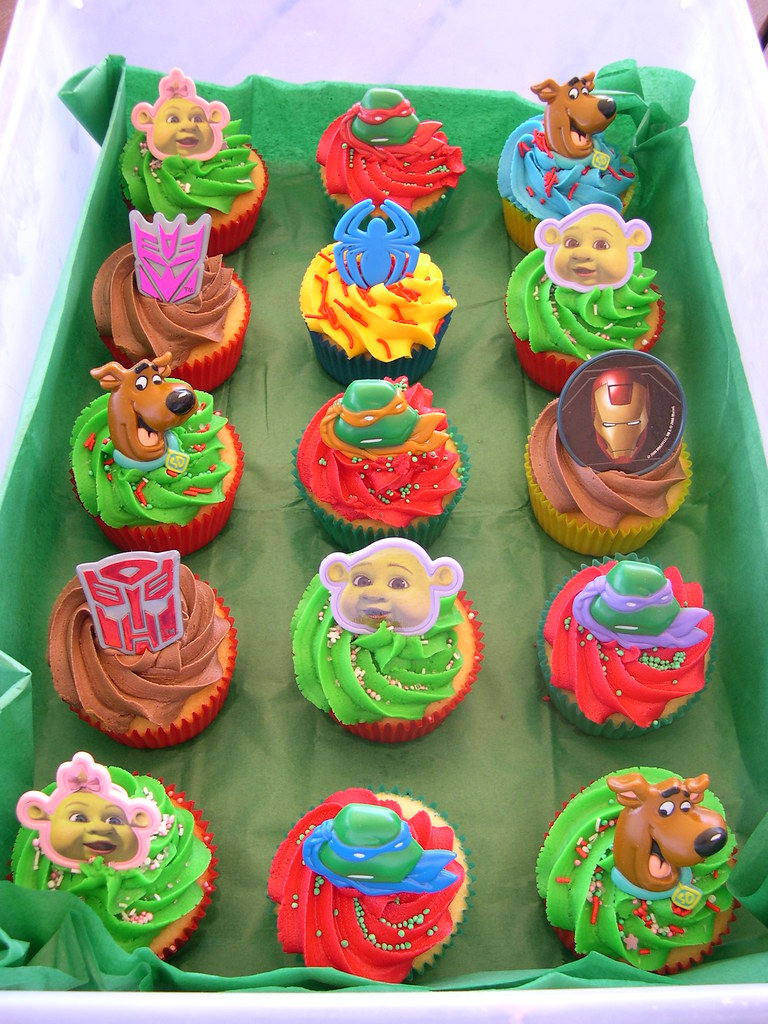 Mossy's masterpiece  shrek babies, scooby doo, ninja turtles, transformers, spiderman, iron man cupcakes