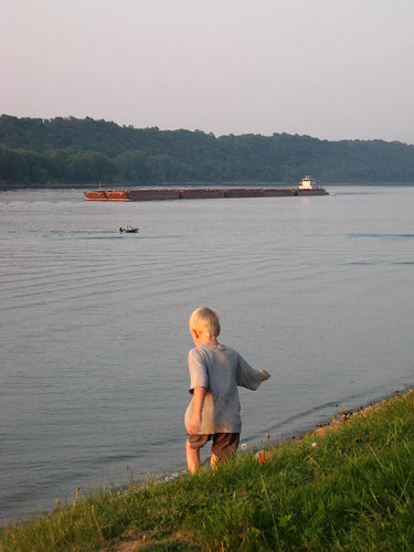 sunset ohio river child kentucky barge