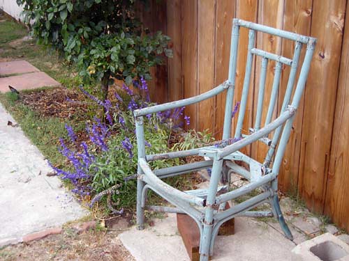 Wooden chair on Darla's patio