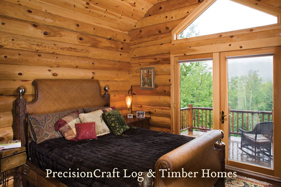 Custom Designed Milled Log Home Bedroom | Log Home in Maine by PrecisionCraft Log Homes