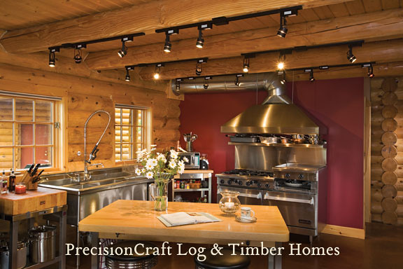 Custom Kitchen in a Milled Log Home | Located in Maine | by PrecisionCraft Log Homes
