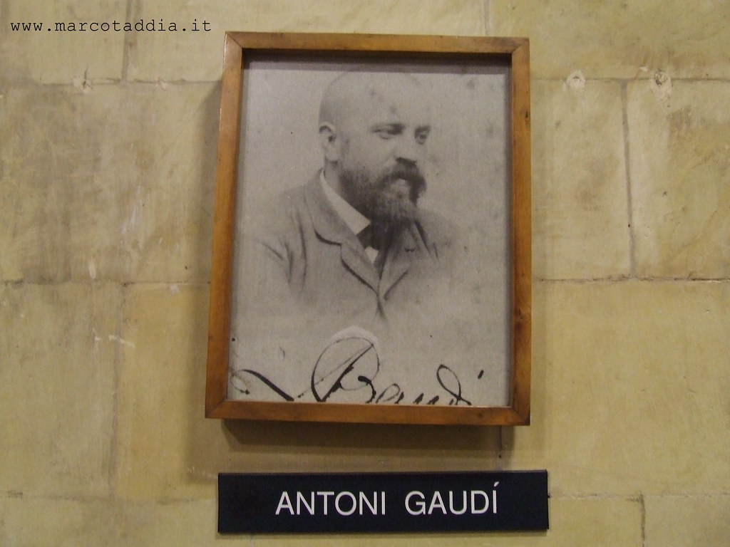 Antoni Gaudì Photo in black in white. Additionally, the photo sits in a brown frame
