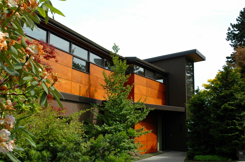 Modern house of contemporary design, glass and wood, Washington Park neighborhood, Seattle, Washington, USA