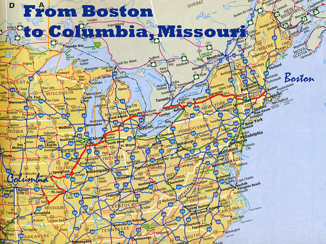 Driving from Boston to Columbia, Missouri (Red Line)