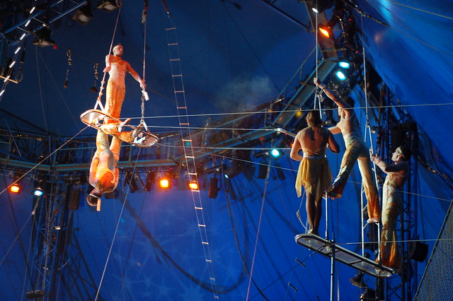 Big Apple Circus at Boston City Hall Plaza, May 2010: Acrobats atop the trapeze platforms