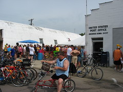 Bikes and a beer garden.  It's 10 am Sunday morning and already the beer garden in George, Iowa is crowded!