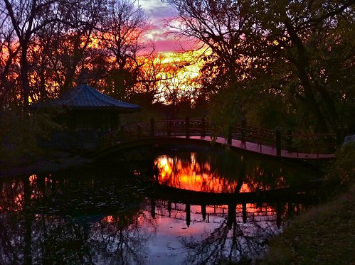 cameraphone bridge sunset color reflection fall water landscape pond teahouse iphone
