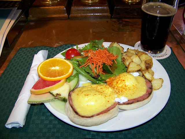 Eggs benny, hash browns, salad, fruit; cask-conditioned brown ale