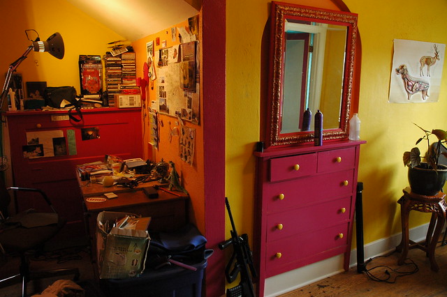 Artistic Bedroom, with rifle, Beacon Hill, Seattle, Washington, USA