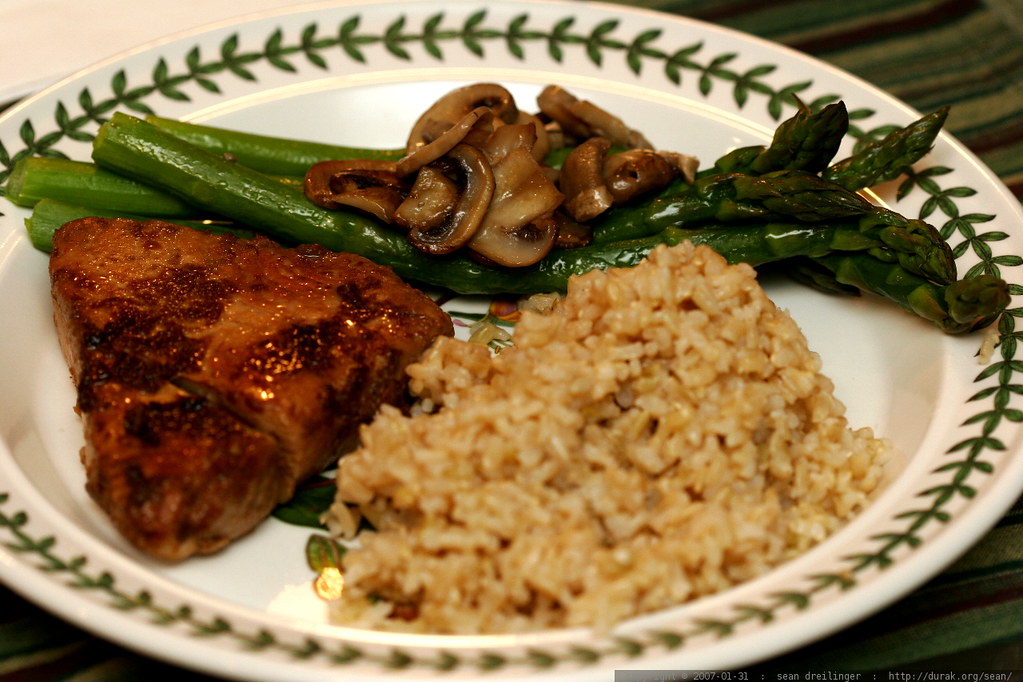 a plate of food - vegan seared ahi steak with asparagus, mushrooms, and brown rice - _MG_0184