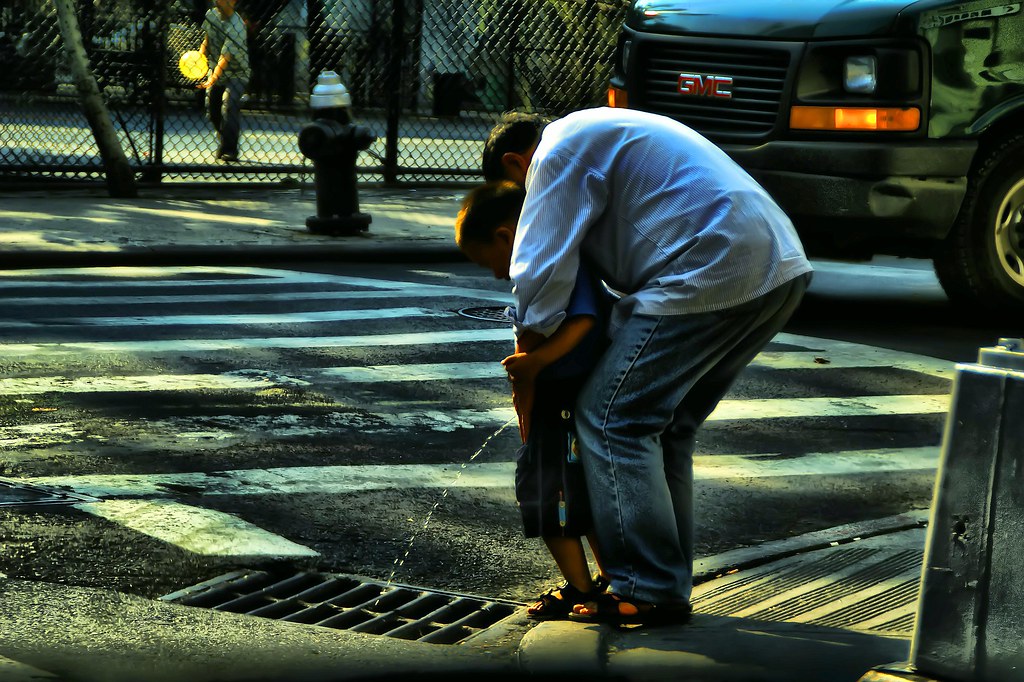 street, nyc, newyorkcity, father, son, piss, pissing, urinate, grating, low...