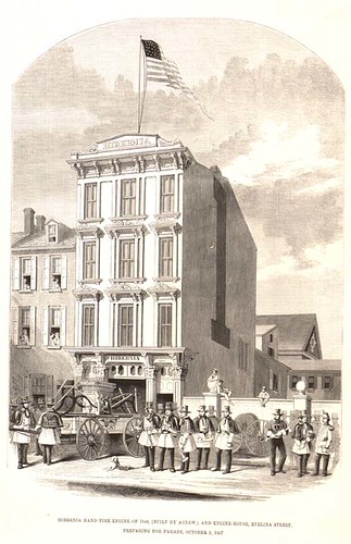 Hibernia hand fire engine of 1844 (built by Agnew) and engine house, Evelina Street. Preparing for parade, October 5, 1857.