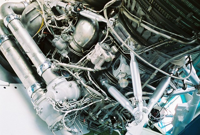 Close up of one of the main boosters on the main stage of a Saturn 5 rocket system