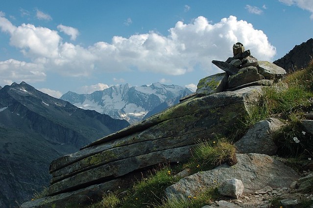 d0503061 | Blick zum Hochfeiler (3505 m), dem höchsten Gipfel der Zillertaler Alpen. Etwas rechts davon der Hochferner (3463 m). Zillertaler Alpen, 17.07.2005