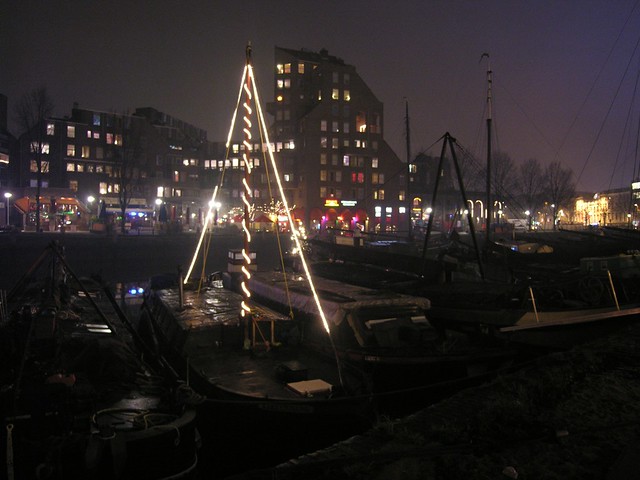 Val's boat decorated with Christmas lights, Oude Haven, Rotterdam, Netherlands