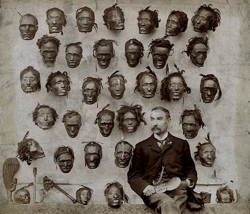 Major General Horatio Gordon Robley with his collection of tattooed Maori heads in 1895. By the end of his life he had 35 heads.