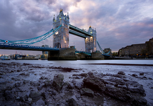 city bridge sunset london tower architecture clouds rocks tide low riverthames