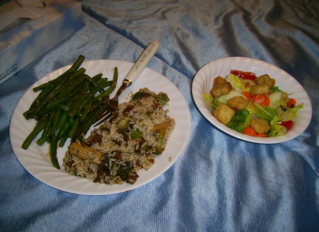 Szechuan Beans, Veggie Stir-fry Over Rice, and Salad