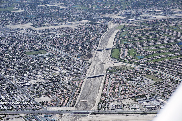 Aerial view up the Whitewater River, Indio and La Quinta, Riverside County, California