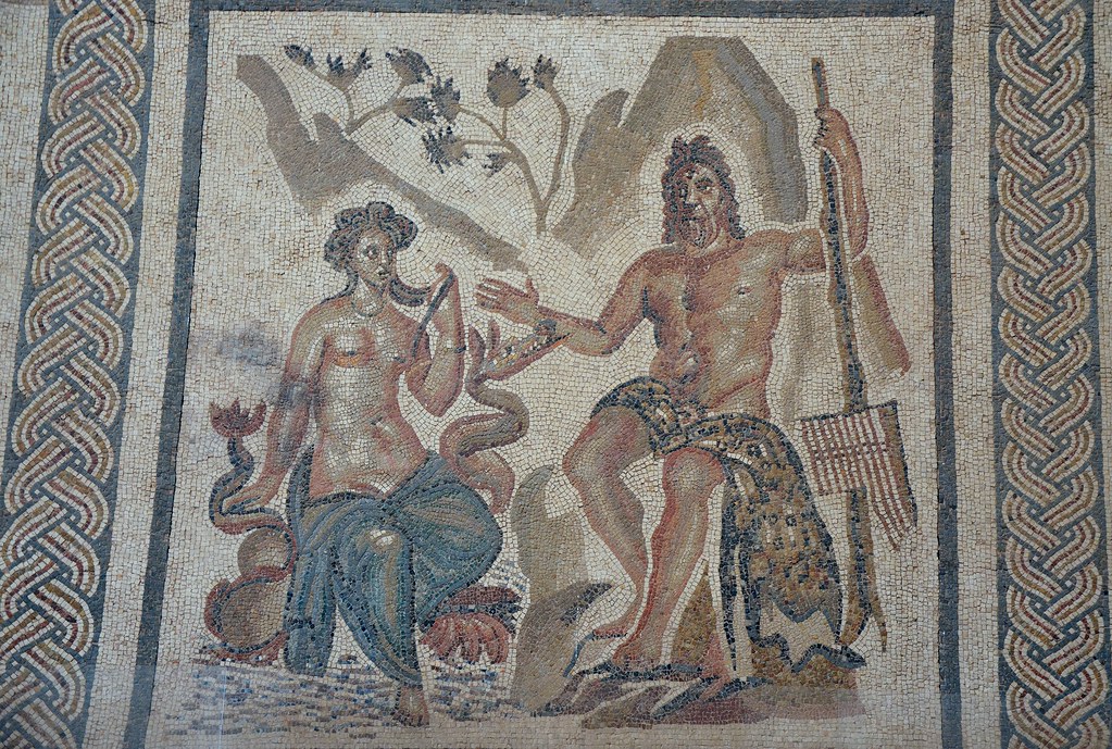 Mosaic with the Cyclops Polyphemus and the nymph of the sea Galatea, discovered in 1959 during excavation work under the Plaza de la Corredera, 2nd century AD, Salón de los Mosaicos (Hall of Mosaics), Alcazar of the Christian Monarchs, Cordoba, Spain
