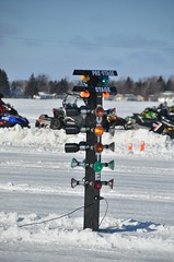 Christmas tree drag race start lights -- Snowmobile racing and show on Houghton Lake, Michigan