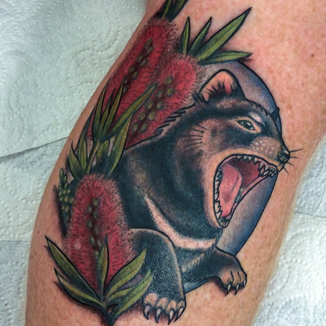Finished the Tassie Devil I started on @dawso_ about 8 months ago. #straya  #tassiedevil The little spot in the bottlebrush flower is a mole :) #tattoos  - a photo on Flickriver