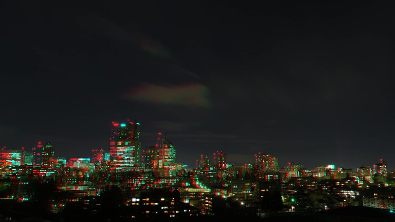 Central of Sendai at night, anaglyph