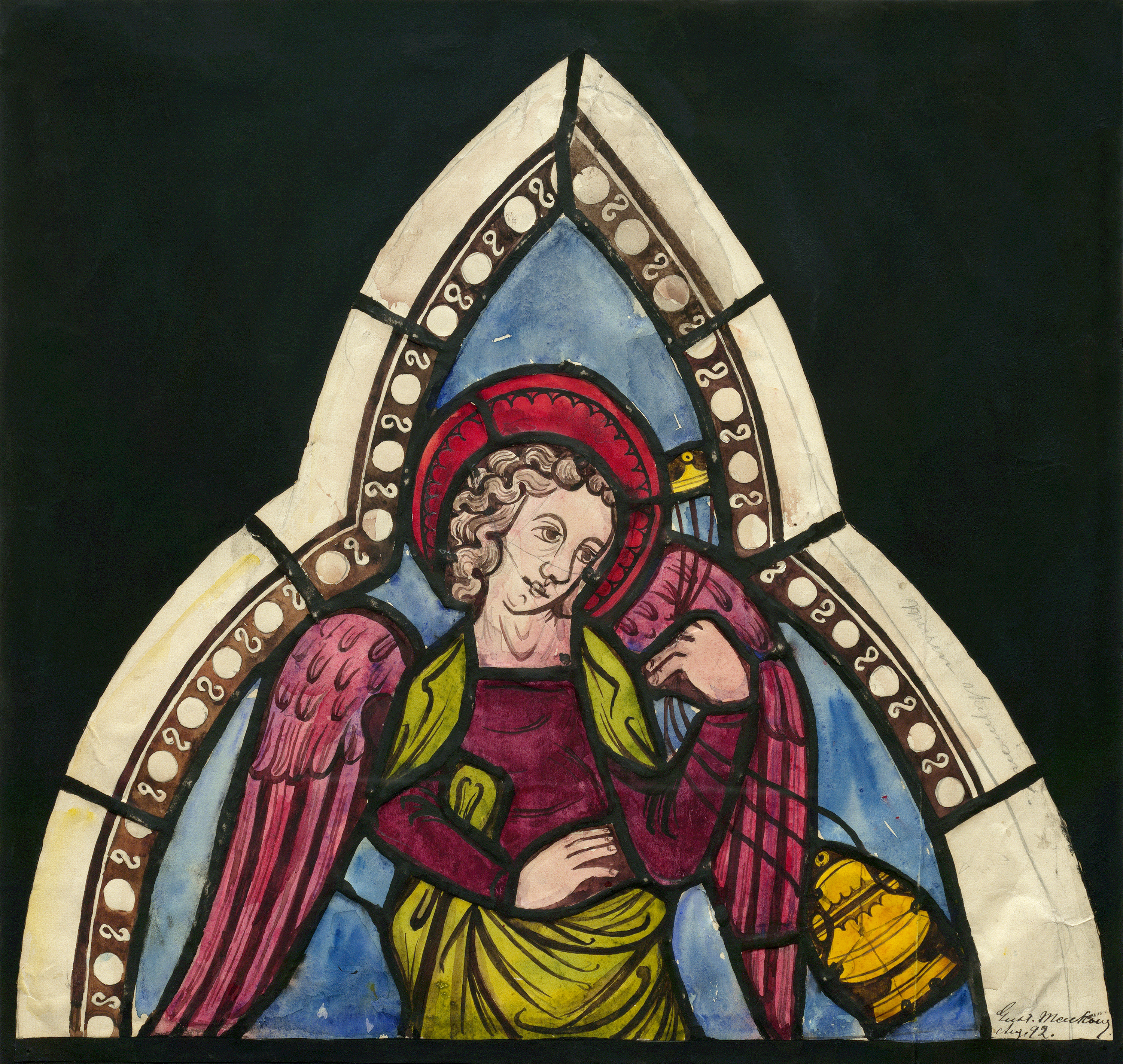 Angel. Depiction of medieval stained glass window in Hejde Church, Gotland, Sweden