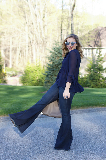 Extreme Flare Jeans | Free People Bell Bottoms | Bell Sleeve Peplum Zara Navy Blouse | Mirrored Sunglasses | Casual Style on Living After Midnite by Jackie Giardina