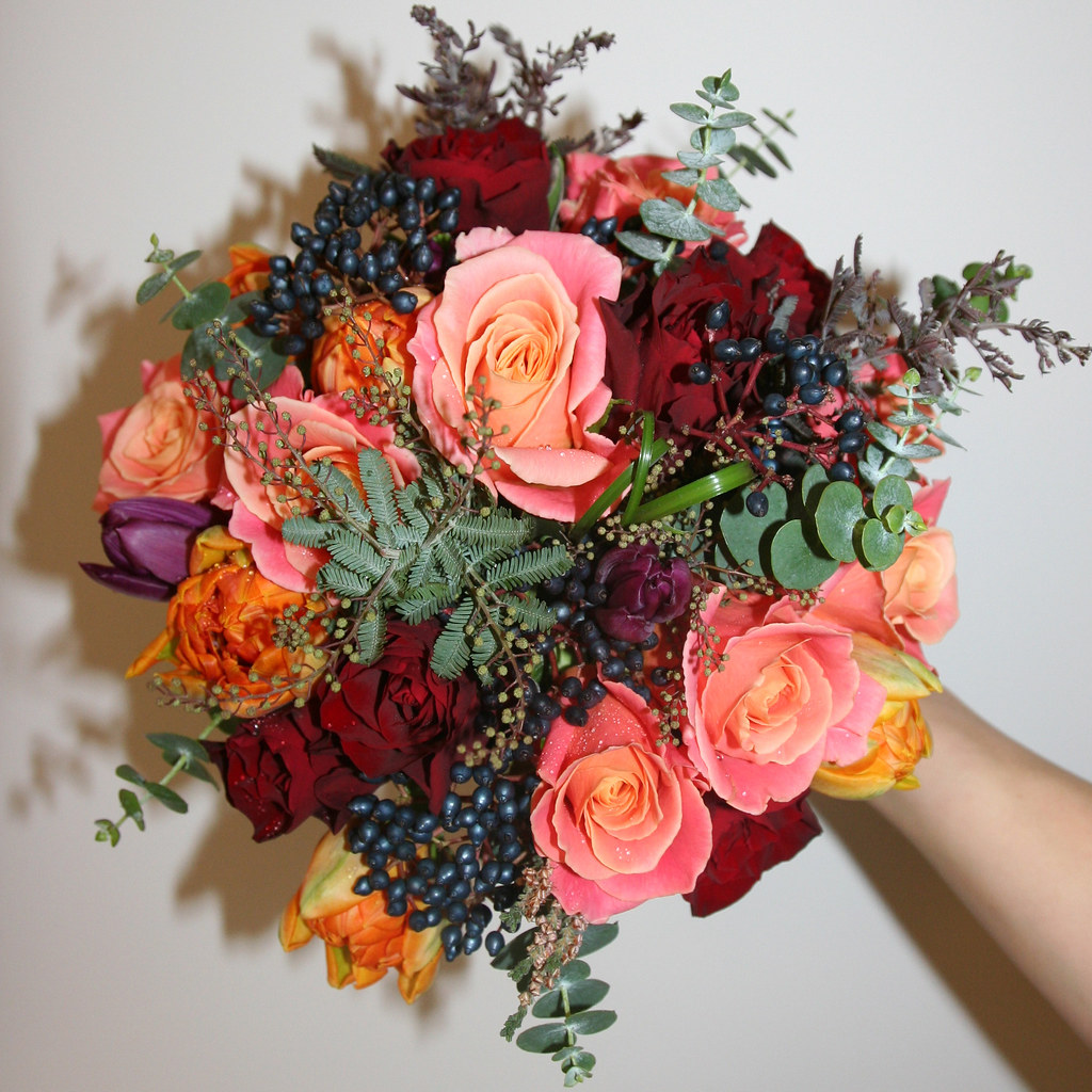 Arty wedding bouquet, rose, tulip, berry, foliage | Hand-tie… | Flickr